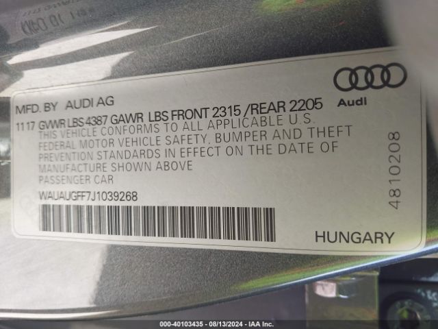 WAUAUGFF7J1039268 Audi A3 2.0t Premium/2.0t Tech Premium