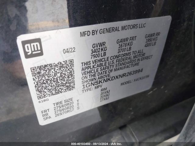 1GNSKNKDXNR263994 Chevrolet Tahoe 4wd Lt
