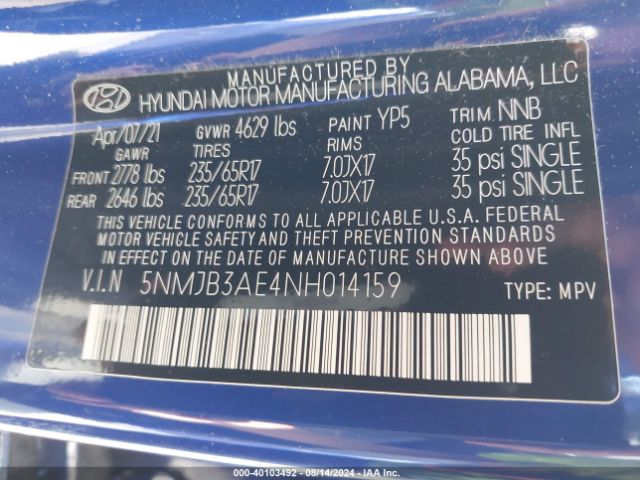 5NMJB3AE4NH014159 Hyundai TUCSON SEL