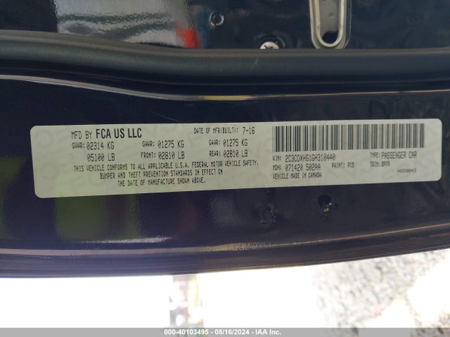 40103495 :رقم المزاد ، 2C3CDXHG1GH310440 vin ، 2016 Dodge Charger Sxt مزاد بيع