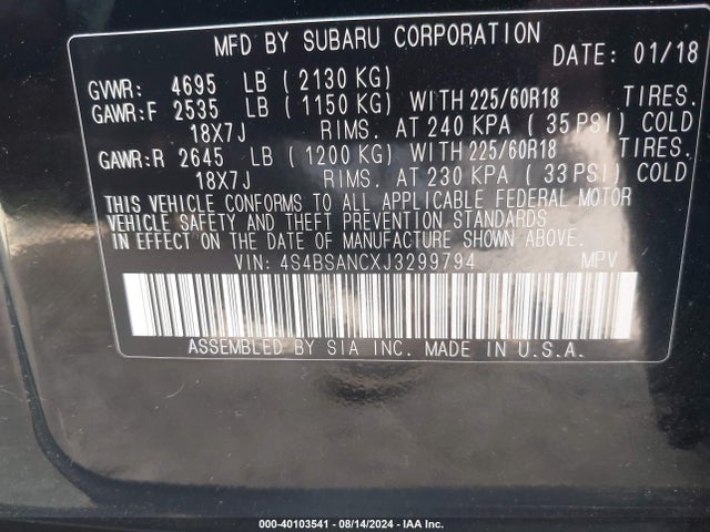 Subaru Outback 2.5i Limited 2018 4S4BSANCXJ3299794 Image 9