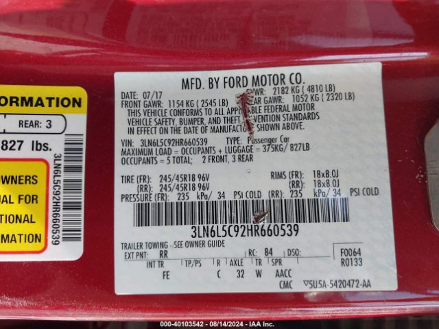 3LN6L5C92HR660539 Lincoln MKZ SELECT