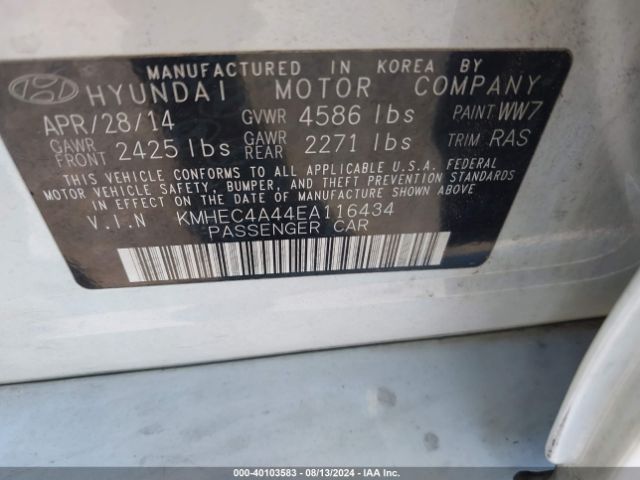 KMHEC4A44EA116434 Hyundai SONATA HYBRID