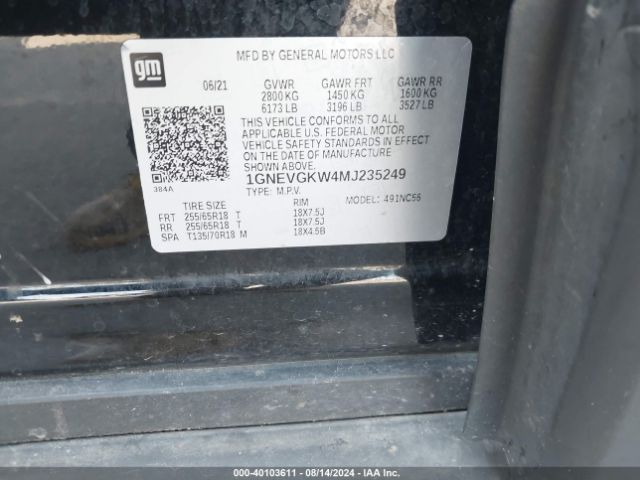 1GNEVGKW4MJ235249 Chevrolet Traverse Awd Lt Cloth