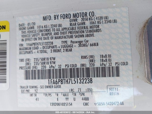 Ford Mustang Ecoboost Premium Fastback 2020 1FA6P8TH7L5132238 Image 9