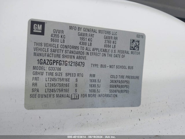 Chevrolet Express 3500 Lt 2016 1GAZGPFG7G1218479 Image 9