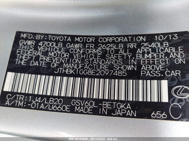 JTHBK1GG8E2097485 Lexus ES 350