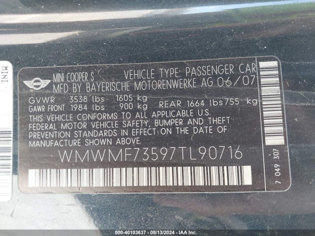 2007 MINI COOPER S WMWMF73597TL90716 Photo 8