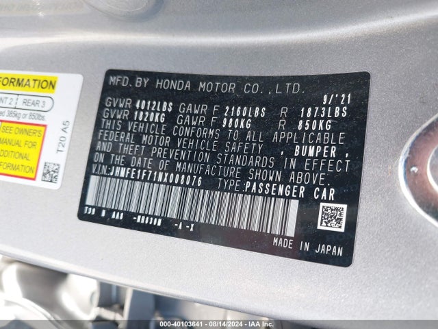 Honda CIVIC EX 2022 JHMFE1F71NX008076 Image 9