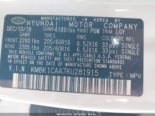 Hyundai Kona Se 2019 KM8K1CAA7KU281915 Image 9