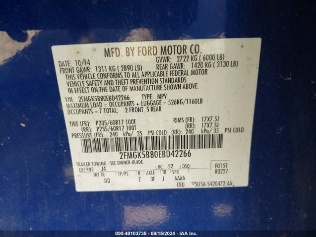 2FMGK5B80EBD42266 Ford FLEX SE