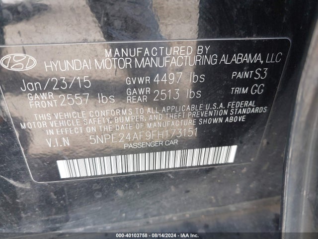 Hyundai SONATA SE 2015 5NPE24AF9FH173151 Image 9