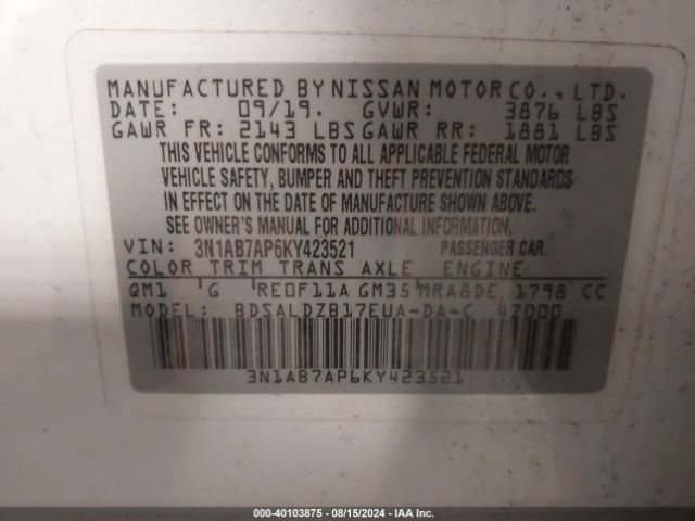 3N1AB7AP6KY423521 Nissan SENTRA SV