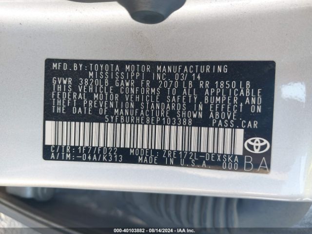 5YFBURHE8EP103388 Toyota Corolla S