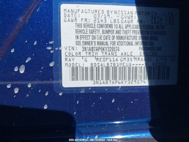 3N1AB7AP6KY329574 Nissan Sentra S/sl/sr/sv