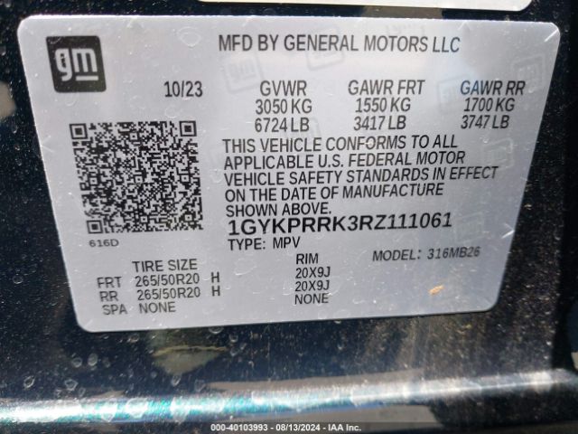 1GYKPRRK3RZ111061 Cadillac Lyriq Luxury W/1sd