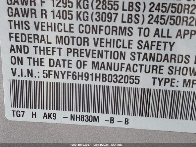 5FNYF6H91HB032055 Honda Pilot Touring