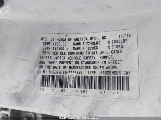 Honda ACCORD LX 2017 1HGCR2F3XHA111856 Image 9