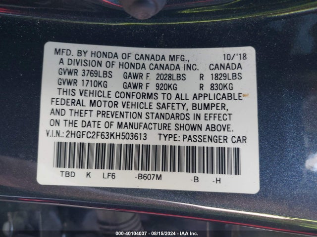 Honda Civic Lx 2019 2HGFC2F63KH503613 Image 9