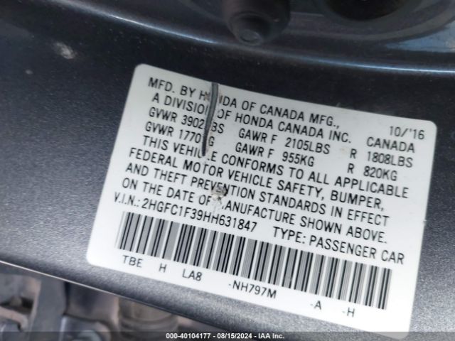 2HGFC1F39HH631847 Honda Civic Ex-t