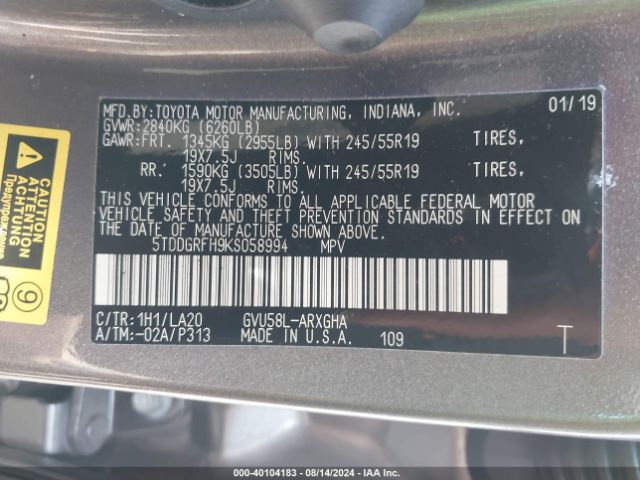 5TDDGRFH9KS058994 Toyota Highlander Hybrid Limited Platinum