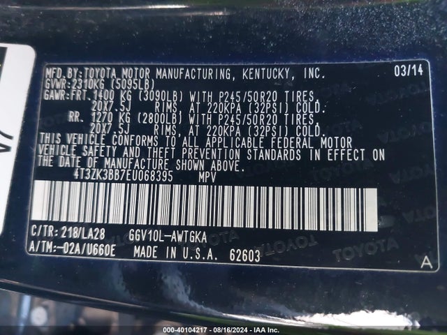 Toyota Venza Xle V6 2014 4T3ZK3BB7EU068395 Image 9