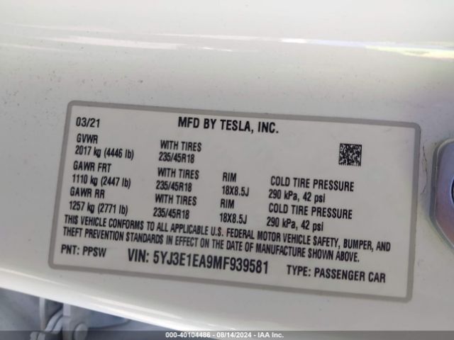 5YJ3E1EA9MF939581 Tesla Model 3 Standard Range Plus Rear-wheel Drive