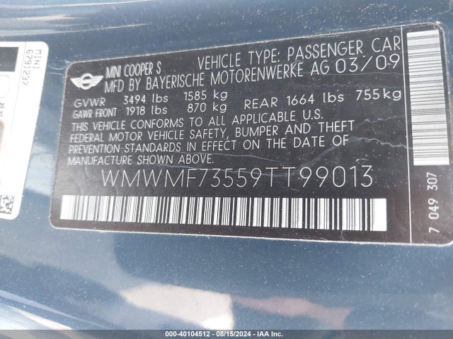 2009 MINI COOPER S WMWMF73559TT99013 Photo 8