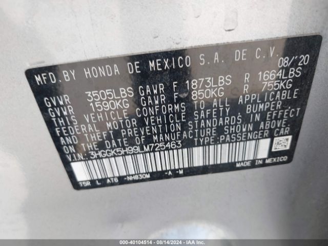 3HGGK5H99LM725463 Honda Fit Ex-l