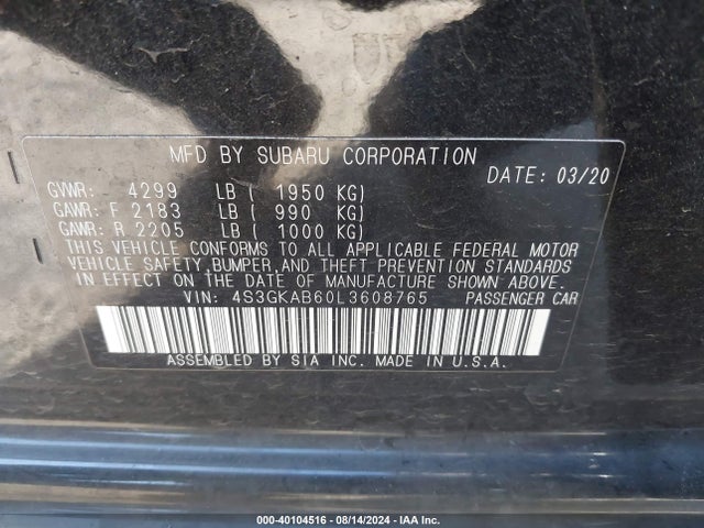 Subaru IMPREZA SEDAN 2020 4S3GKAB60L3608765 Image 9