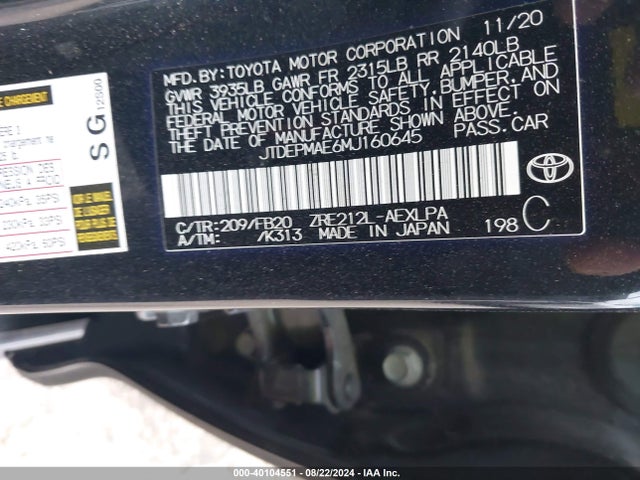 Toyota COROLLA LE 2021 JTDEPMAE6MJ160645 Image 9