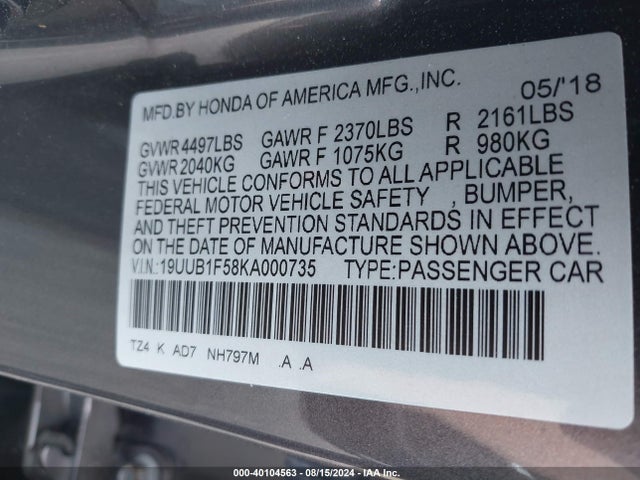 19UUB1F58KA000735 Acura Tlx Tech Pkg