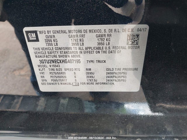 GMC Sierra 1500 Slt 2017 3GTU2NECXHG407195 Image 9