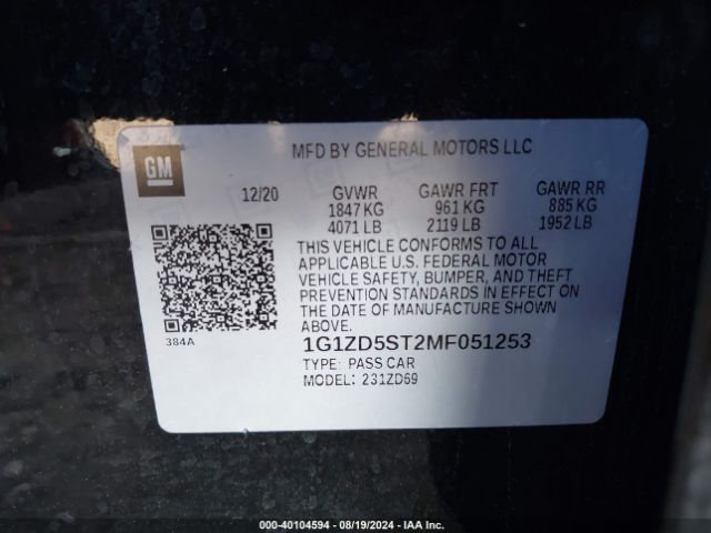 1G1ZD5ST2MF051253 Chevrolet Malibu Fwd Lt