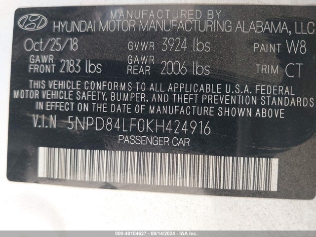 Hyundai ELANTRA SEL 2019 5NPD84LF0KH424916 Image 9