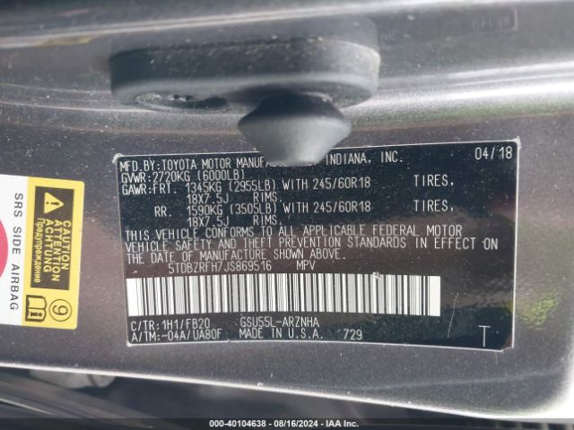 5TDBZRFH7JS869516 Toyota Highlander Le