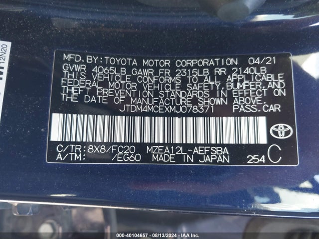 Toyota Corolla Se 6mt 2021 JTDM4MCEXMJ078371 Image 9