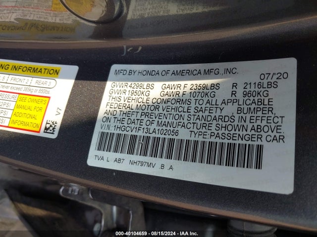 Honda ACCORD LX 2020 1HGCV1F13LA102056 Image 9