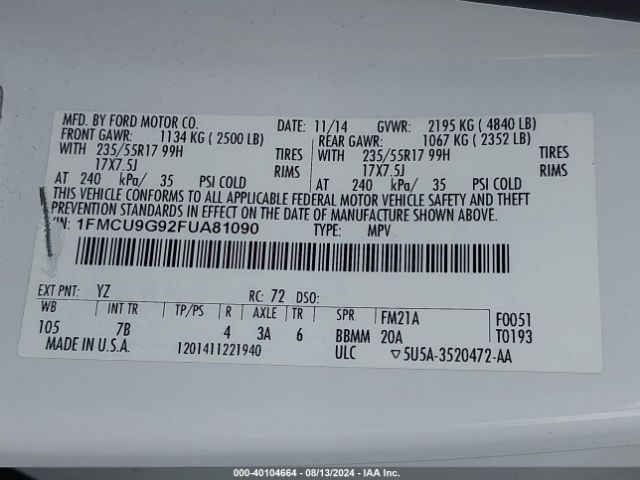 1FMCU9G92FUA81090 Ford ESCAPE SE