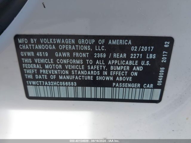 1VWCT7A32HC056583 Volkswagen Passat 1.8t Sel Premium