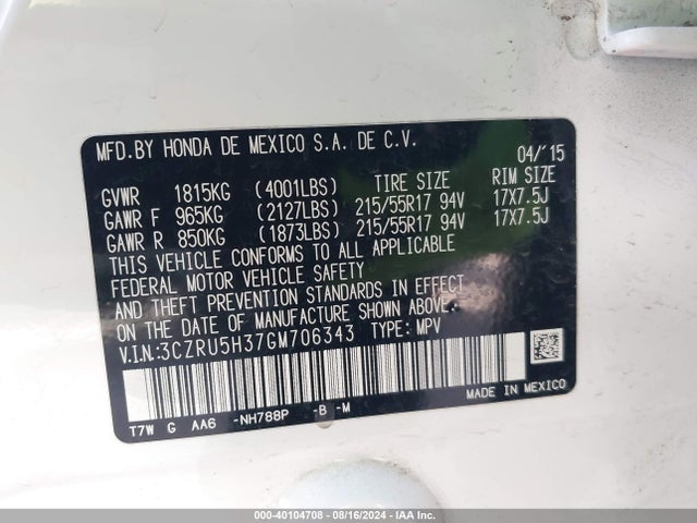 Honda HR-V LX 2016 3CZRU5H37GM706343 Image 9