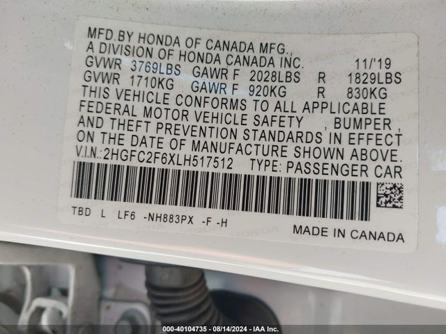 Honda Civic Lx 2020 2HGFC2F6XLH517512 Image 9