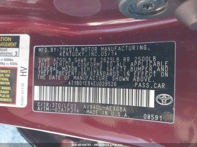 4T1BD1EB4EU029526 Toyota Avalon Hybrid Xle Premium