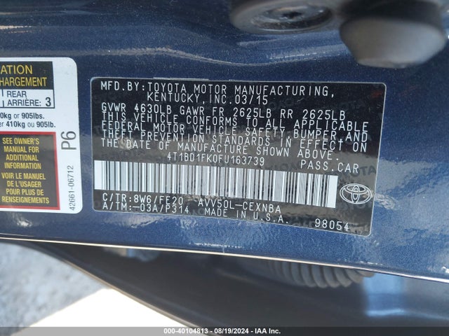 4T1BD1FK0FU163739 Toyota Camry Hybrid Le