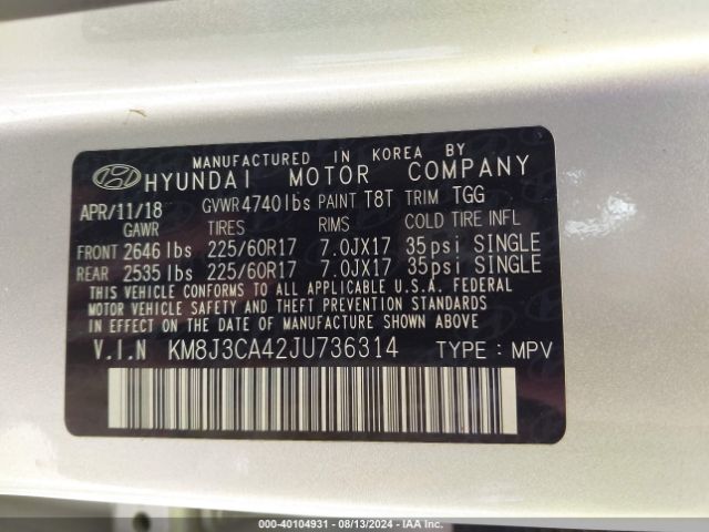 KM8J3CA42JU736314 Hyundai TUCSON SEL