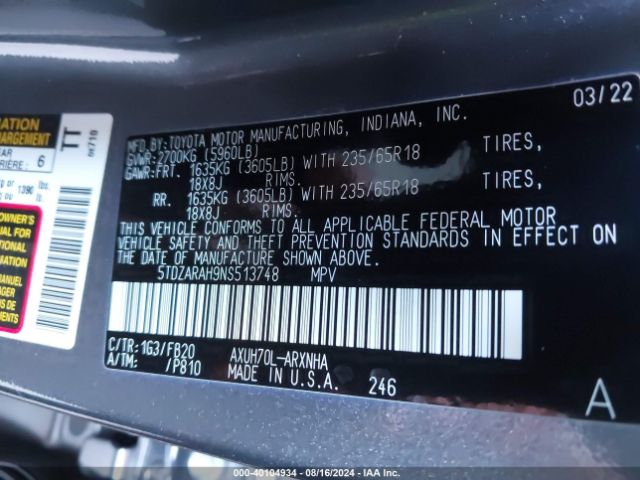 5TDZARAH9NS513748 Toyota Highlander Hybrid Le