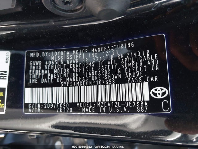 Toyota COROLLA SE 2022 5YFS4MCE6NP107658 Image 9