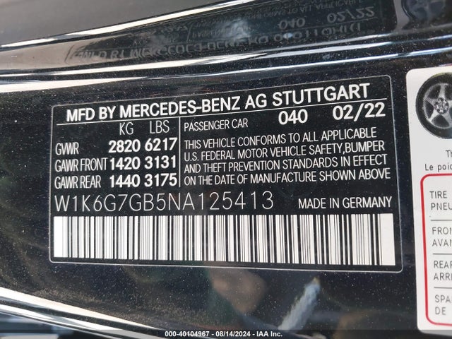 W1K6G7GB5NA125413 Mercedes-Benz S 580 4matic