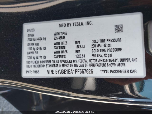 2023 TESLA MODEL 3 5YJ3E1EA1PF567626 Photo 8