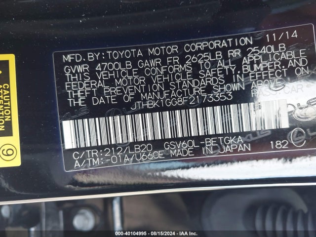 Lexus ES 350 2015 JTHBK1GG8F2173353 Image 9